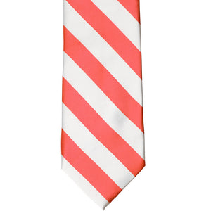 Front of a coral and white striped tie