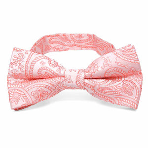 Coral paisley bow tie, close up front view