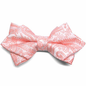 Coral paisley diamond tip bow tie, close up front view