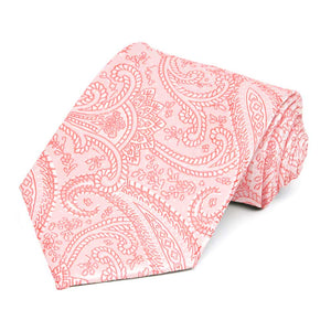 Coral paisley necktie, rolled view to show off pattern