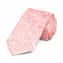 Load image into Gallery viewer, Coral paisley slim necktie, rolled to show pattern
