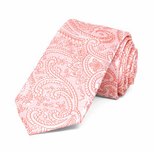 Coral paisley slim necktie, rolled to show pattern