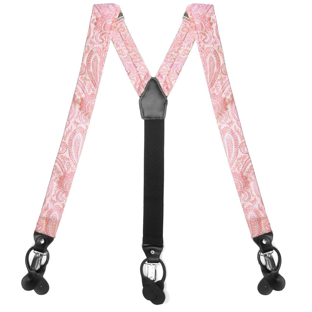 Coral paisley suspenders, flat front view to show clips and straps