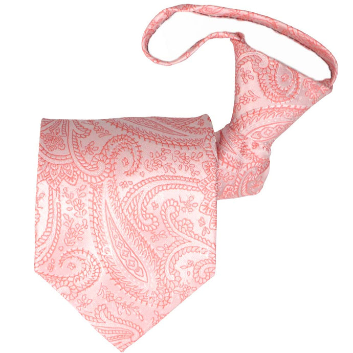 Coral paisley zipper tie, folded front view to show pattern and knot