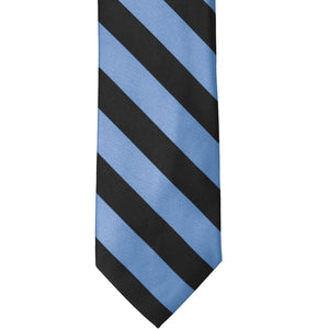 The front of a cornflower and black striped tie, laid out flat