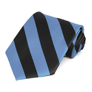 A cornflower and black striped tie, rolled to show off the stripes