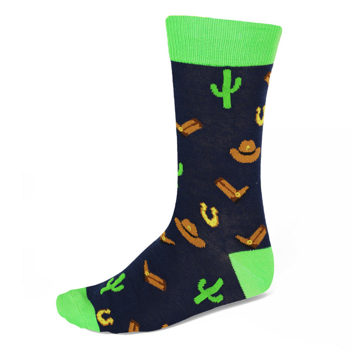 Men's wild west hat and cactus theme sock on dark blue background