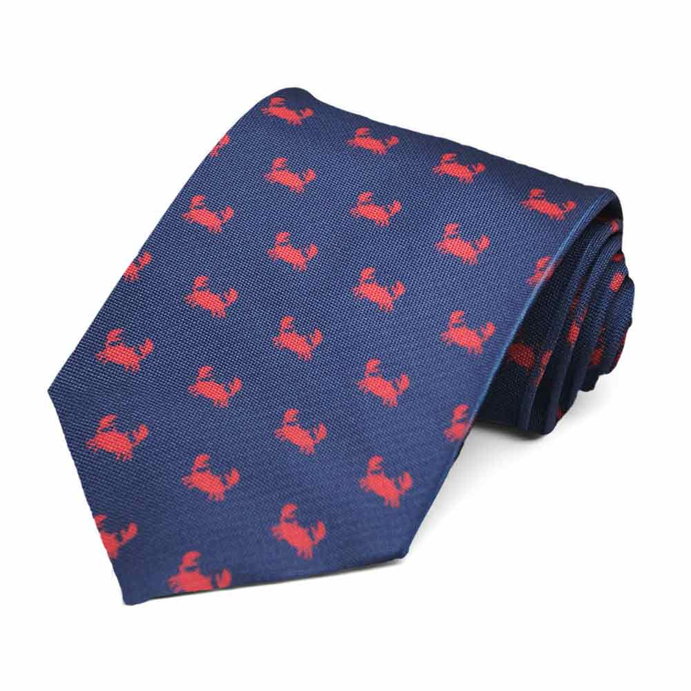 A tiled crab tie with a navy background.