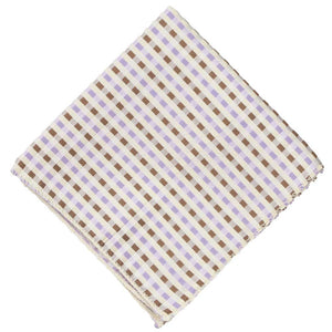 Folded view of a cream, tan and light purple plaid pocket square