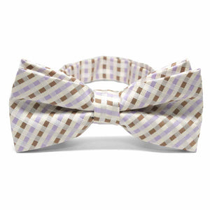 Cream, tan and light purple bow tie, front view