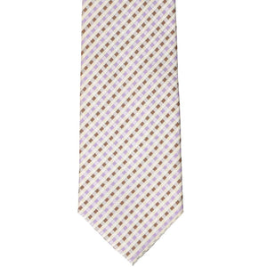 Front view of a cream, brown and lavender gingham plaid tie