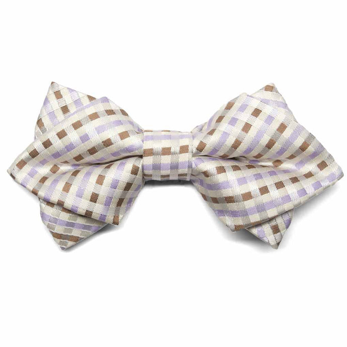 Cream, tan and light purple diamond tip bow tie, front view