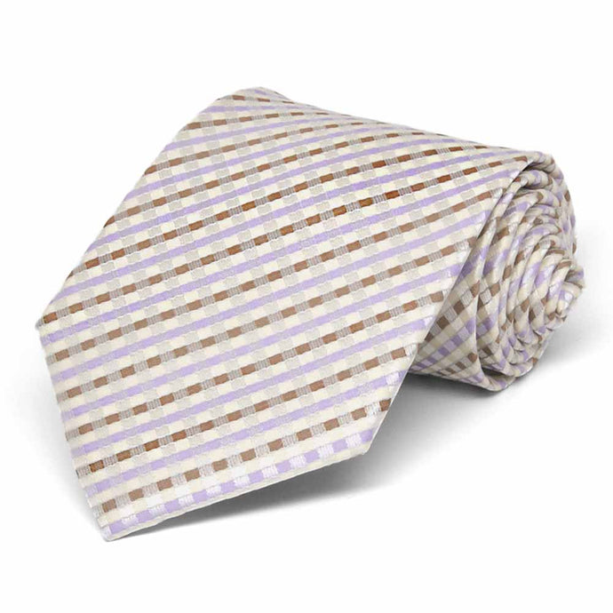 Extra long cream, tan and light purple plaid tie, rolled to show pattern up close