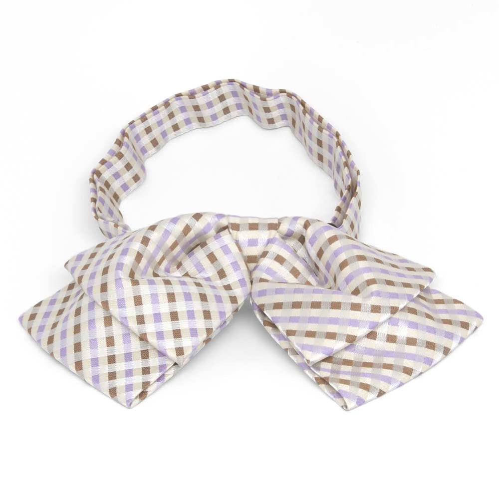 Cream, tan and light purple plaid floppy bow tie, front view