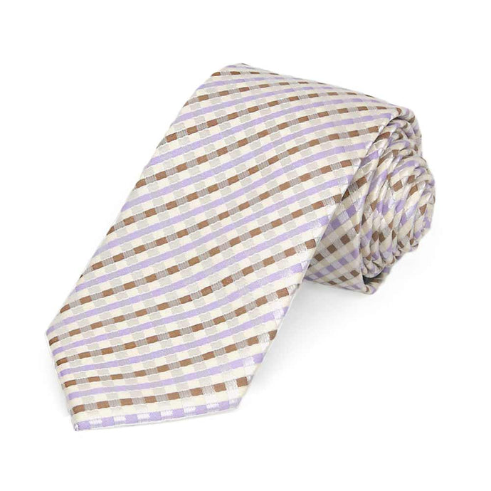 Cream, tan and light purple plaid slim necktie, rolled view