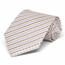 Load image into Gallery viewer, Cream, tan and light purple plaid necktie, rolled to show texture