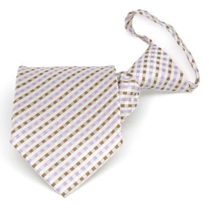 Cream, tan and light purple plaid zipper tie, folded front view