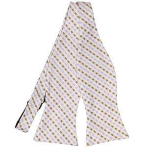 Cream, tan and light purple plaid untied self-tie bow tie, flat front view