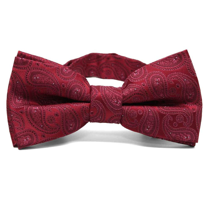Crimson red paisley bow tie, front view