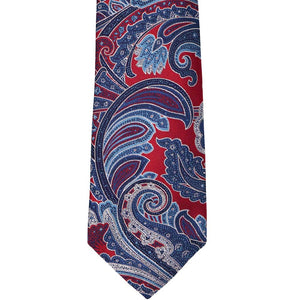 Front view of a crimson red and blue paisley extra long tie