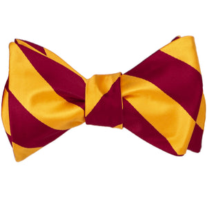 Crimson red and golden yellow striped self-tie bow tie, tied