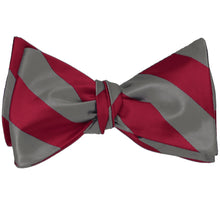 Load image into Gallery viewer, Crimson red and gray striped self-tie bow tie, tied