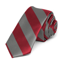 Load image into Gallery viewer, Crimson Red and Medium Gray Striped Skinny Tie, 2&quot; Width