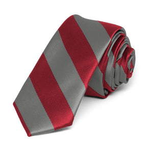 Crimson Red and Medium Gray Striped Skinny Tie, 2" Width
