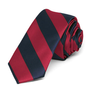 Crimson Red and Navy Blue Striped Skinny Tie, 2" Width