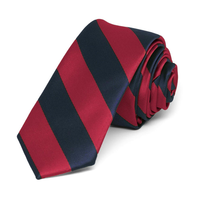 Crimson Red and Navy Blue Striped Skinny Tie, 2