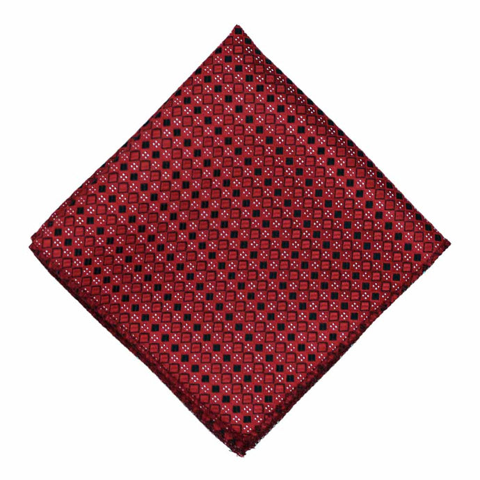 Crimson red and black square pattern pocket square, flat front view