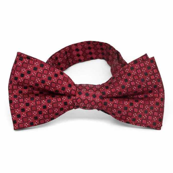 Crimson red and black square pattern bow tie, front view
