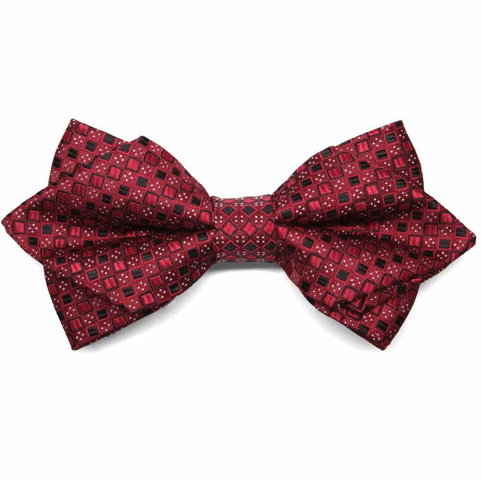 Crimson red and black square pattern diamond tip bow tie, close up front view