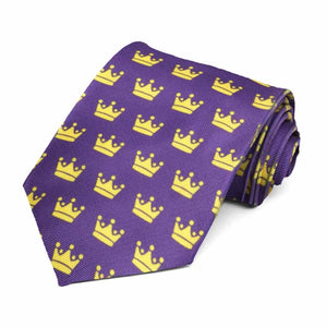 A men's crown themed novelty tie in purple and yellow shades