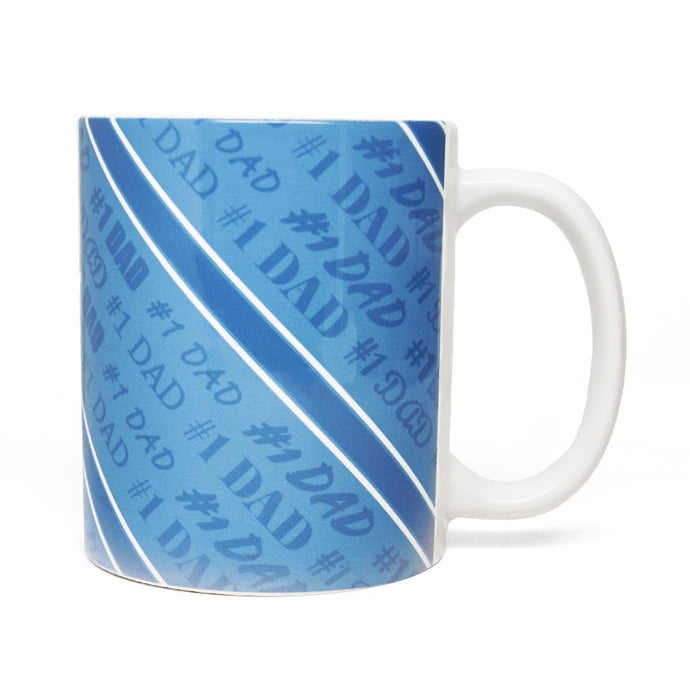 #1 dad coffee/tea cup in a striped blue color.