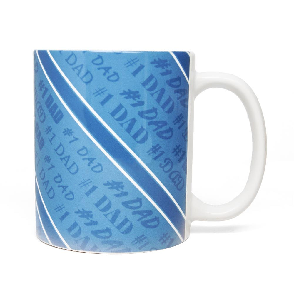 #1 dad coffee/tea cup in a striped blue color.
