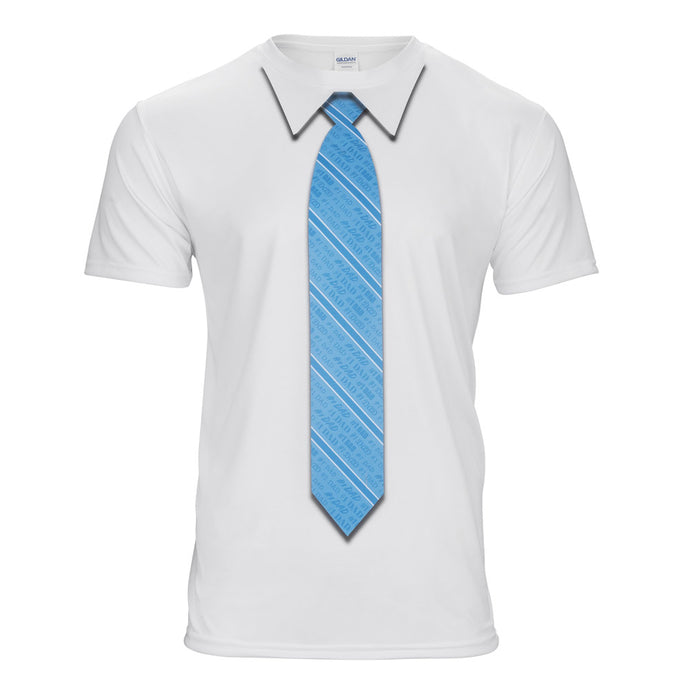 White t-shirt with #1 dad striped blue tie printed.
