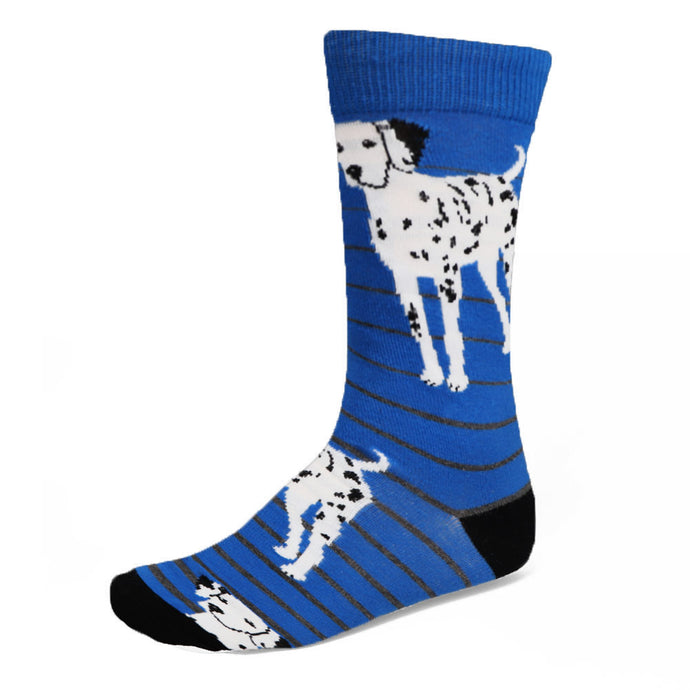 Dalmatian socks with blue striped background