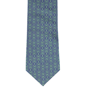 Blue and lime green geometric necktie, front view