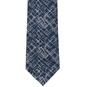 Front view of a dark blue crosshatch like pattern necktie
