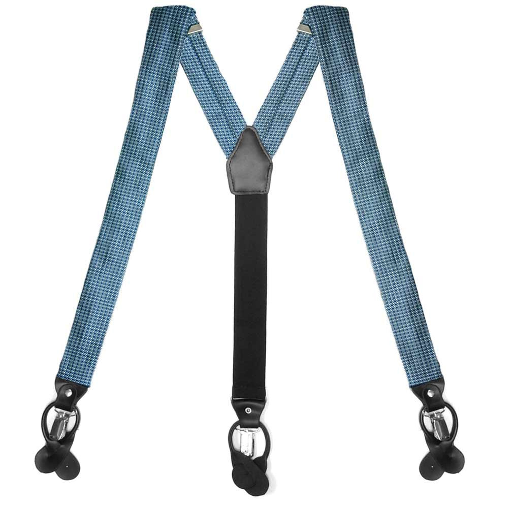 Dark blue circle pattern suspenders, flat front view to show straps and clips