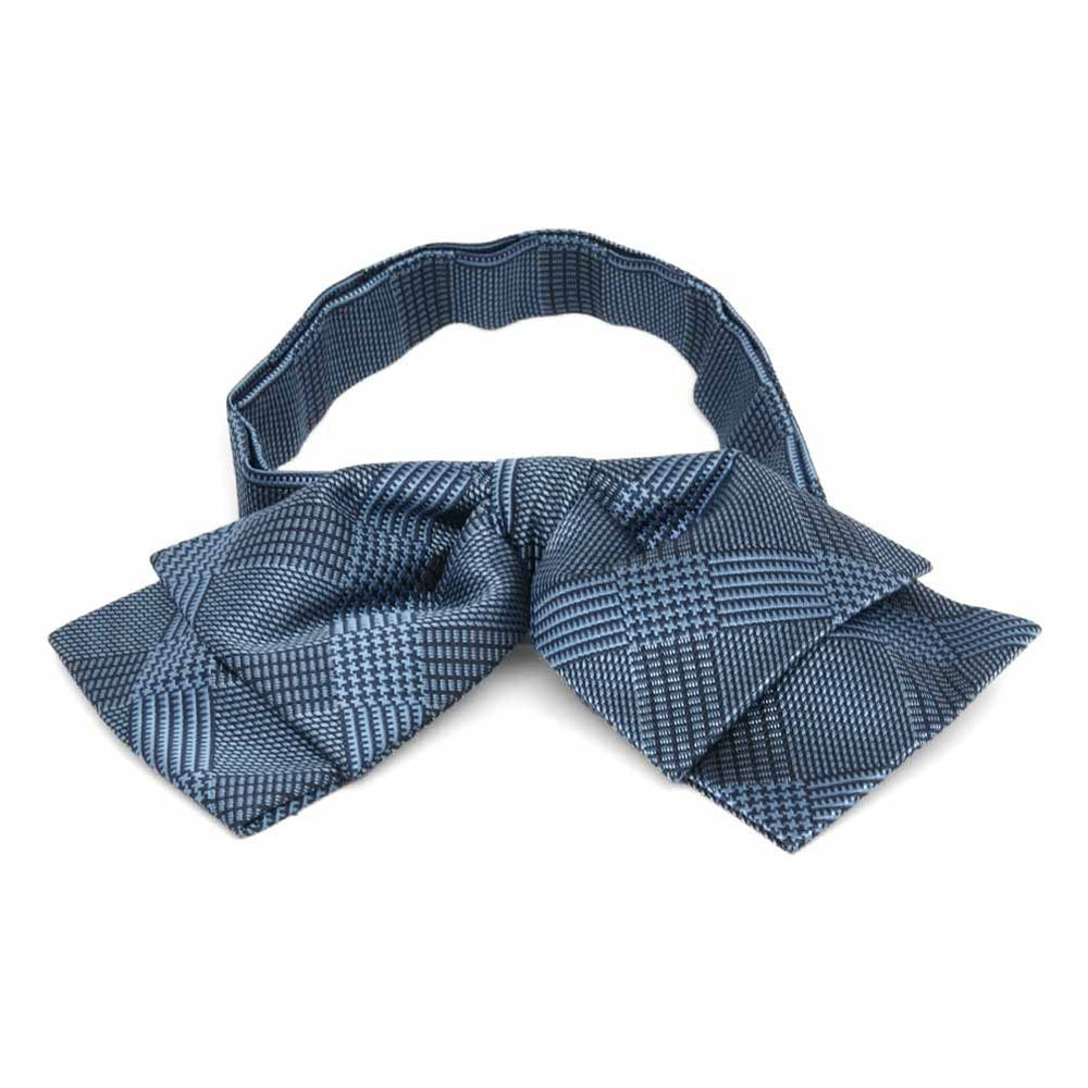 Blue plaid floppy bow tie, front view