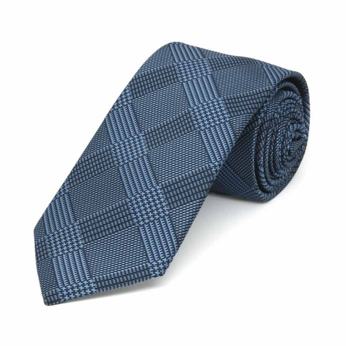 Blue plaid slim necktie, rolled view