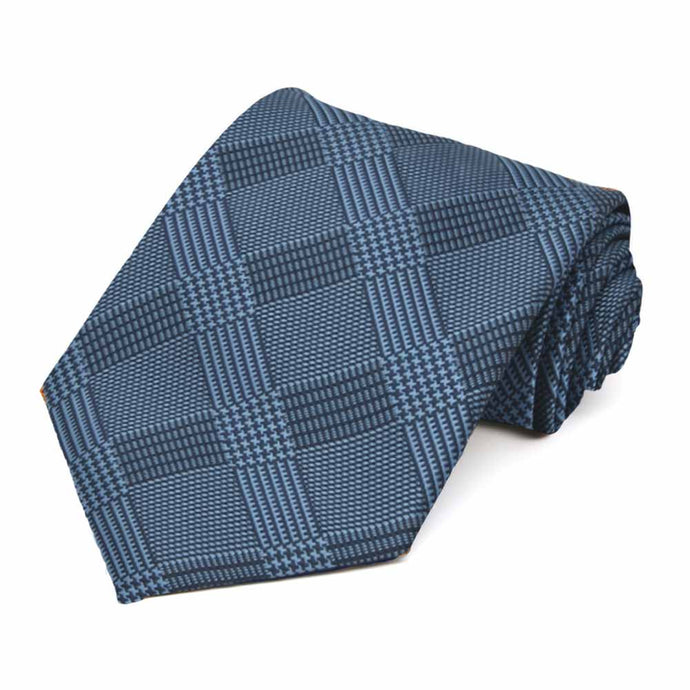 Rolled view of a blue plaid necktie