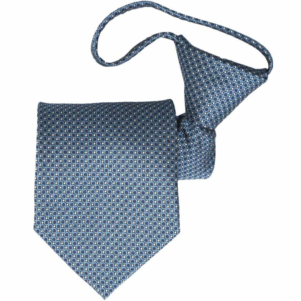 Dark blue circle pattern zipper style tie, folded front view