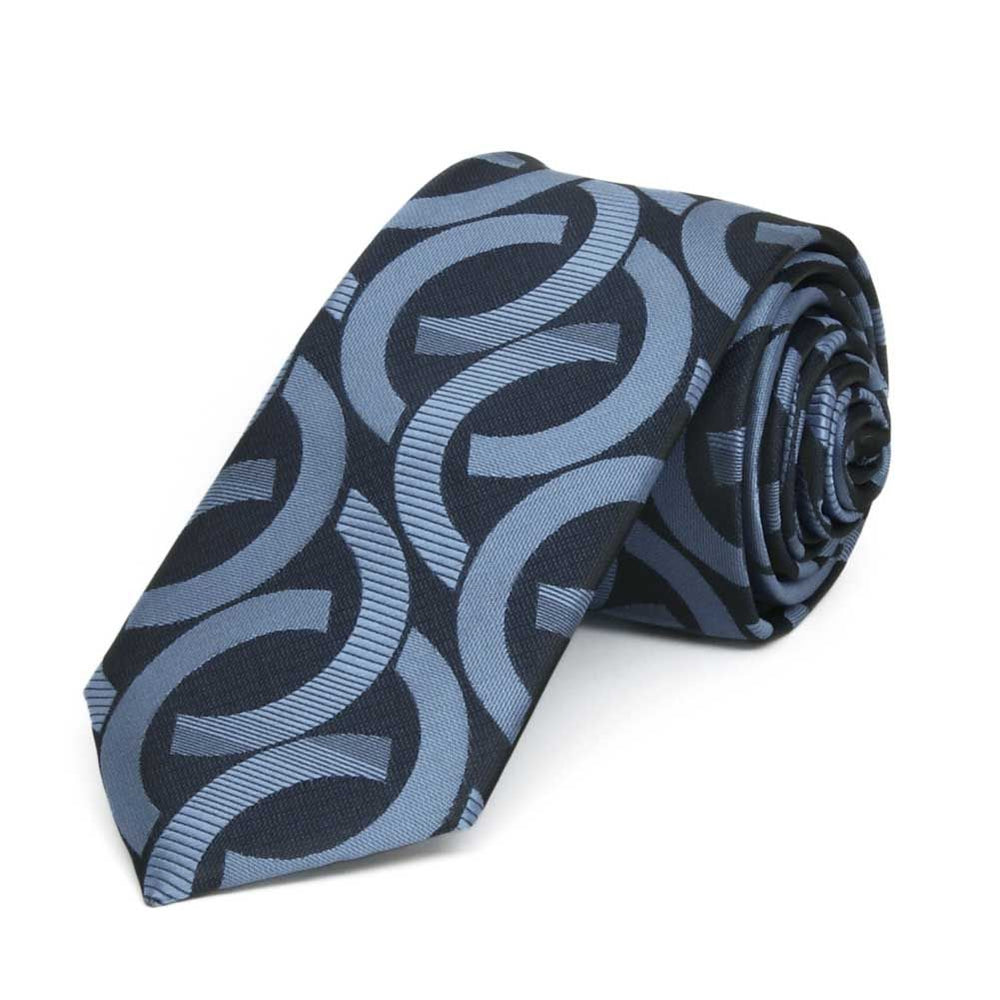 Blue and dark blue link pattern slim necktie, rolled view