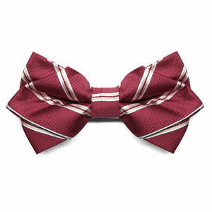 Burgundy and white striped diamond tip bow tie, front view