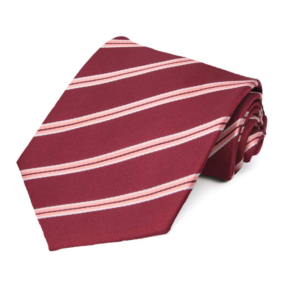 Burgundy and white striped extra long necktie, rolled to show texture of fabric