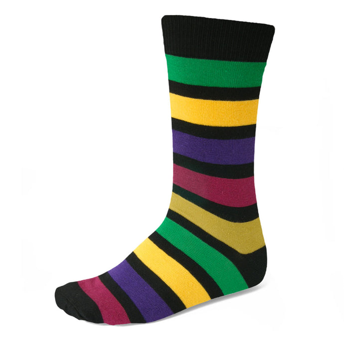 Men's black striped dress socks with bold and colorful horizontal stripes
