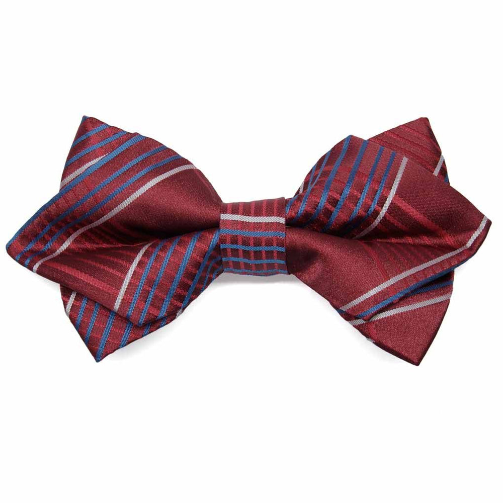 Crimson and blue plaid diamond tip bow tie, close up front view
